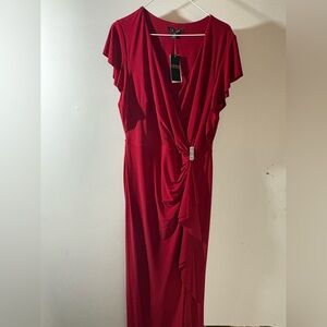 Ralph Lauren Red Draped Midi Dress with Side Accent